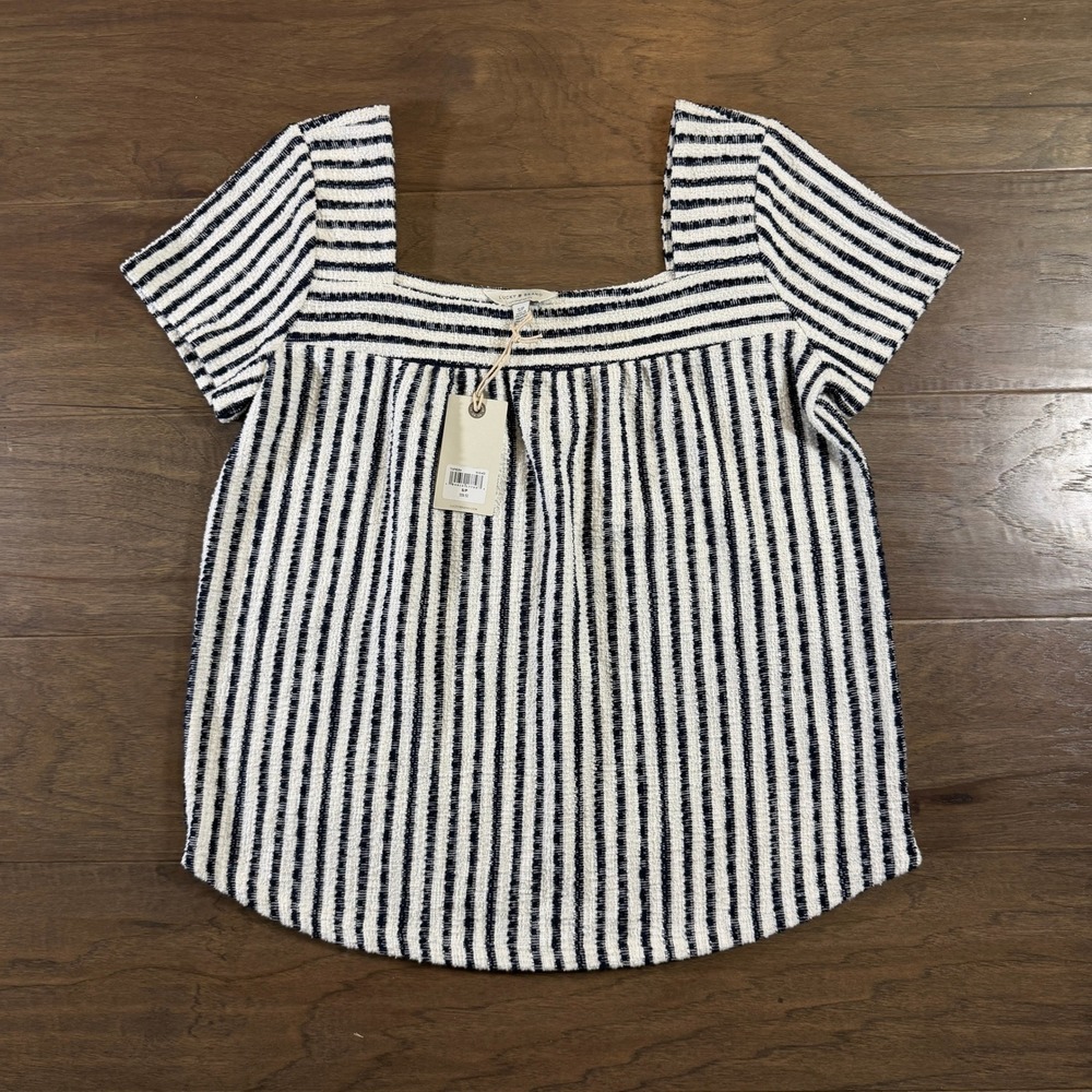 Lucky Brand Women Navy White Striped Square Neck Textured Top 7WP6264 NWT Size S